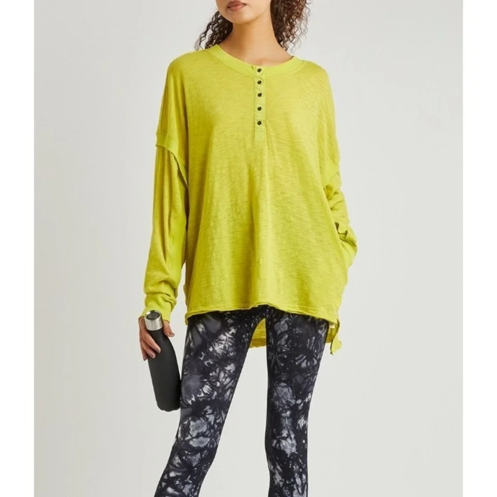 Minor Stains* Free People One Up Henley Top Chartreuse Lime Green Slub Small